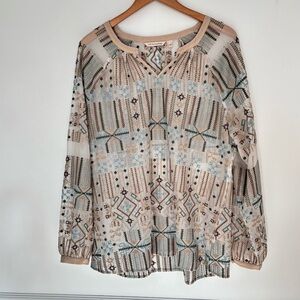 Soft Surroundings Geometric Embroidered Sheer Blouse Aztec Southwestern Large